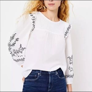 Loft navy and white embroidered top
